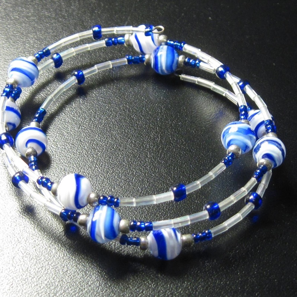 Blue, white & silver wrap bracelet